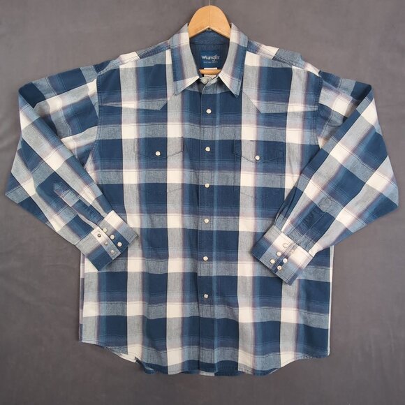 Wrangler Men's Western Shirt XL Plaid Blue White Cotton Long Sleeve Pearl Snap - Picture 1 of 11